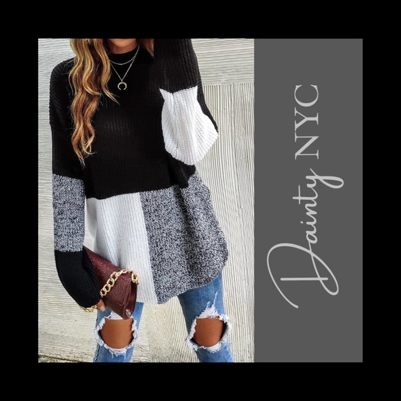 Dainty NYC Sweaters - Long Sleeve Colorblock Knit Pullover Sweater Black, Gray, White